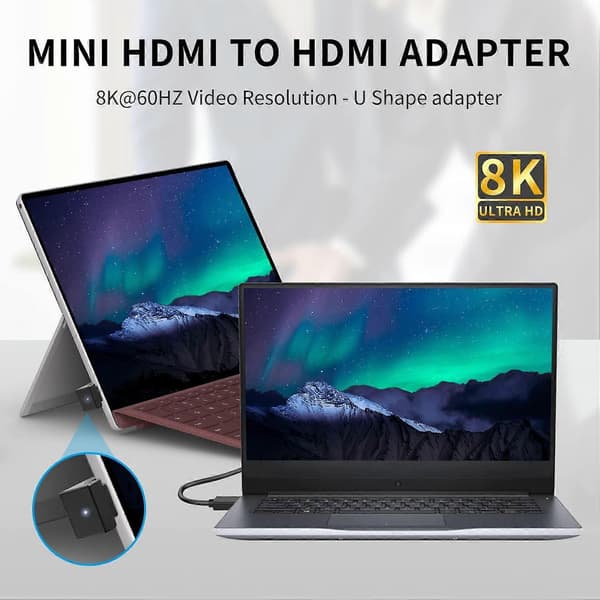 U-formet Mini HDMI til HDMI 8K-adapter, 8K Mini HDMI hann til standard HDMI hunn