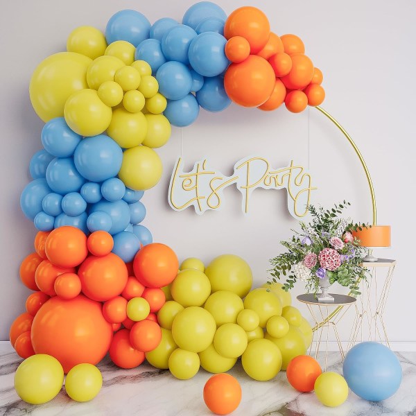 Orange og gul ballonbueguirlandekit - lyseblå ballonlatexballon 132 stk til babyfødselsdag, eksamen, kønsafsløring