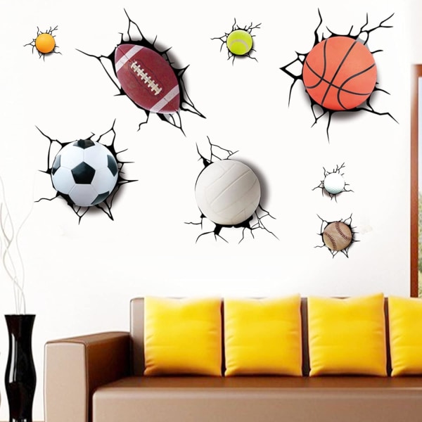 3D urheilupalloseinätarrat lapsille olohuoneen sisustus halkeilevat seinätarrat irrotettavat seinätarrat jalkapalloon, koripalloon