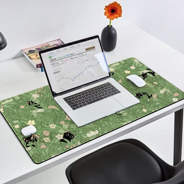 Grön skrivbordsmatta XL katt söt växt Cool skrivbordsmatta tangentbordsmatta Kawaii Black Cat Flower Musmatta Grön skrivbordsmatta Skrivbordsdekor med sömmar 31,5x15,7 tum