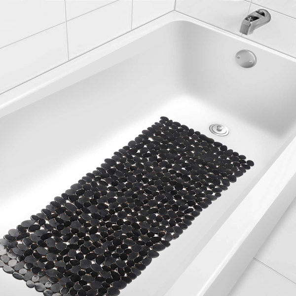Halkskyddad badrumsmatta 35 x 16 tum småsten duschmattor med sugkoppar, avloppshål för badrum duschar, badkar, maskin  - Svart