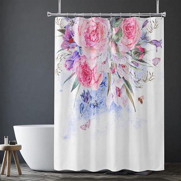 Pink Leaf Bruseforhængssæt, Æstetiske Blade Badeværelse Dekorative 72 X 72 Tommer Polyester Vandtæt Stof Badeforhæng med Kroge