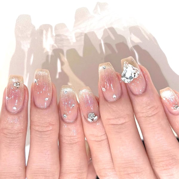 Negler Grå-Rosa Gradient Cat's Eye Love Rhinestones Falske Negler Design, Avtagbar Full Cover Stick på Negler