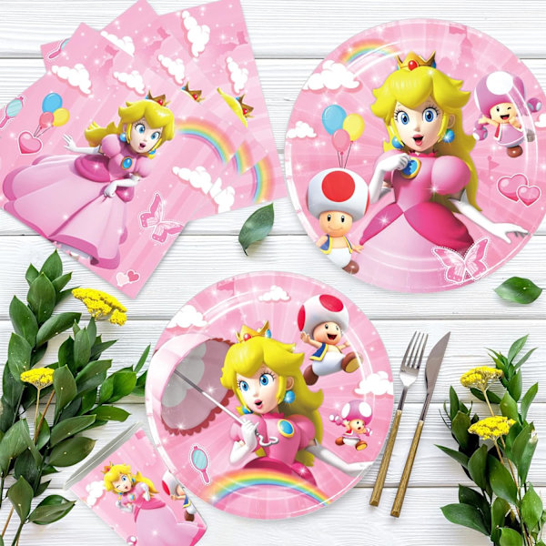 Prinsessa Peach syntymäpäiväjuhlatarvikkeet - Prinsessa Peach lautaset ja lautasliinat syntymäpäiväjuhlatarvikkeet 20 vieraalle