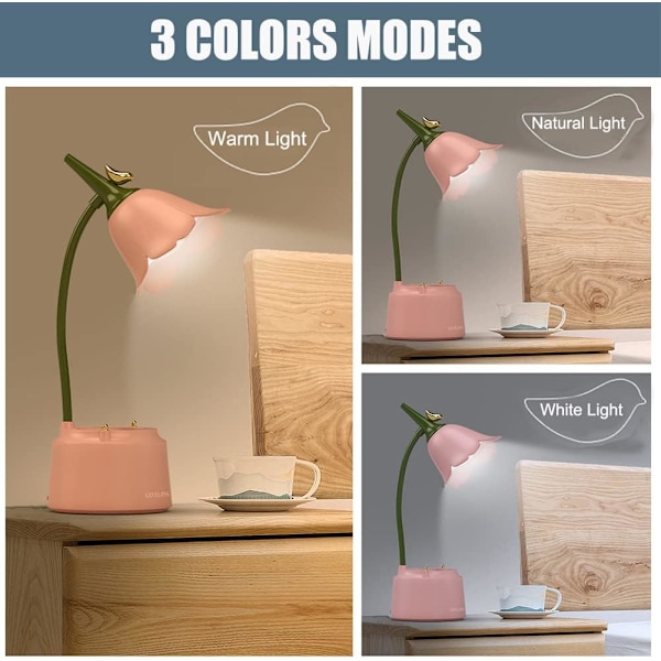 Søt LED-skrivebordslampe Kawaii-skrivebordstilbehør, Blomst Fugl Bordlampe USB Oppladbar, 3 Fargemoduser, Trinnløs Dempe (Blå)