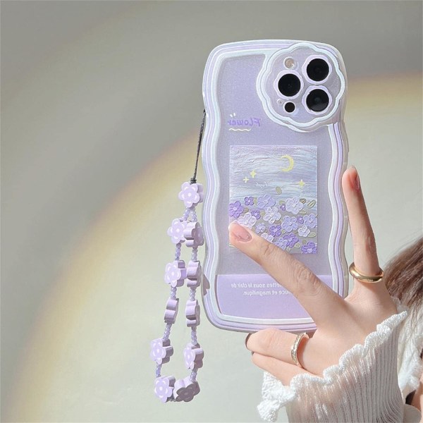 Kompatibel med iPhone 14 Pro - case med söt lila blommig blommönsterdesign Estetisk kvinna tonårsflickor iPhone 14 Pro +Kedje-blomma