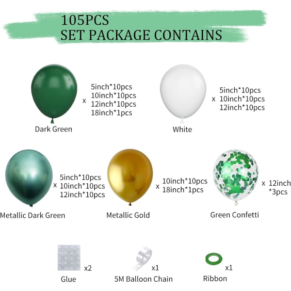 Grön ballonggirland, St. Patrick's Day-ballonger Garlandbågesats 105 st, vit mörkgrön metallisk , 5 10 12 18 tum
