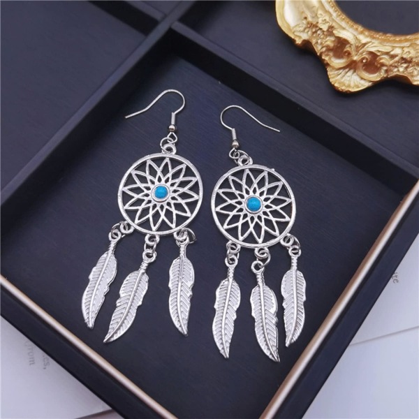 Kvinne Retro Sølv BOHO Stil Metall Dangle Drop Øredobber Drømmefanger Statement Fjær Dangle Dusker Turkis Øredobber for Kvinner Jenter