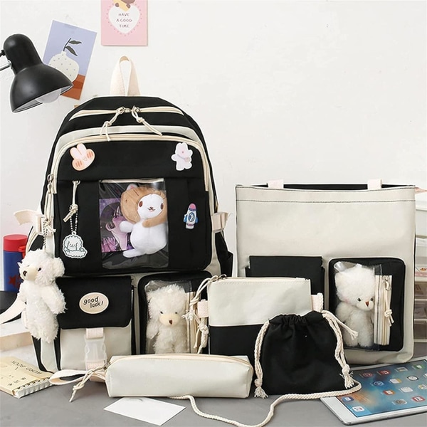 5 stk Kawaii Ryggsekk Casual Vesker Søte Estetiske Ryggsekker med Tote Håndveske Blyant Pennal Etui, med Søte Bjørn Anheng Pins (Svart)
