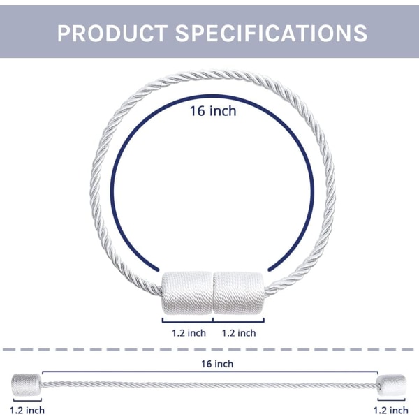 4 stk. 16 tommer magnetiske gardinholdere Håndlavet sidetov til hjemmekontorgardiner (hvid)