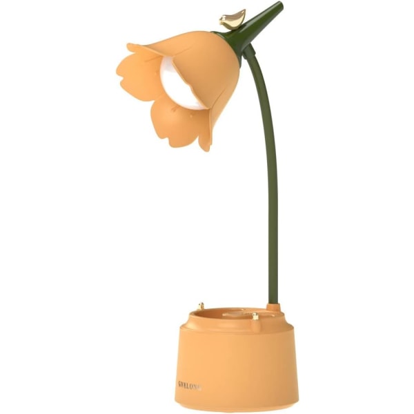 Sød LED-bordlampe Kawaii-bordtilbehør, blomstfugle-bordlampe USB-genopladelig, 3 farvetilstande, trinløs dæmpning, berøringsfølsom (gul)