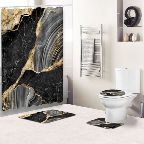 Set i marmor, lyxigt abstrakt svart marmoragatmosaik Golden Veins badrumsset, konturmatta och badmatta, 12 krokar