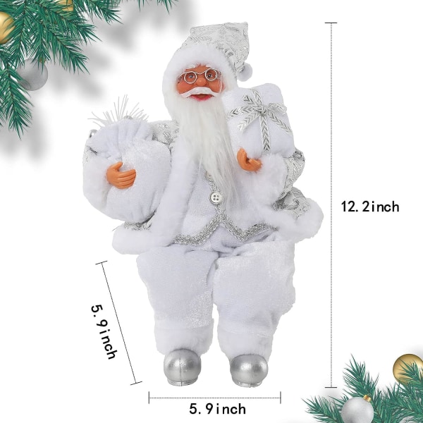 Christmas Sitter Santa Handgjorda vit silverrock Santa Claus Figurines Docka med presentpåse och presenter jul