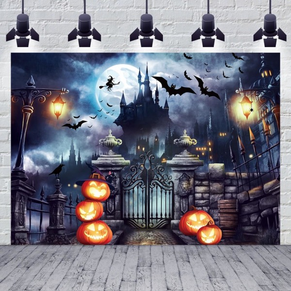 Halloween Nat Fuldmåne Baggrund Græskar Flagermus Horror Foto Fest Slot Spøgelse Tema Baggrund Dekoration Børn  (7x5FT(210X150cm))