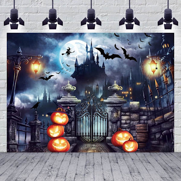 Halloween-yön Täysikuu Taustakangas Kurpitsa Lepakko Kauhu Valokuvajuhlat Linna Haamu Teema Tausta Koriste Lapsille (7x5FT(210X150cm))