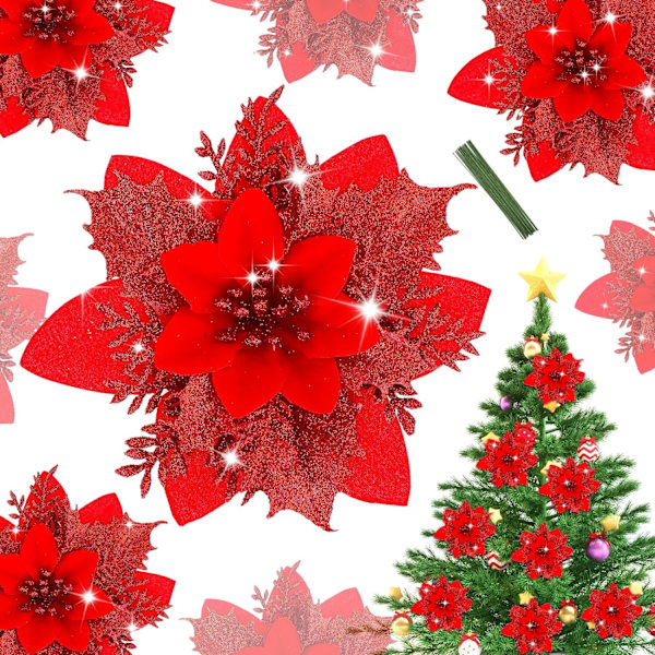 Julepynt, Kunstig Juleblomst, Glitrende Juletræguirlande, Til Juletræ, Bryllupsfestdekorationer-20 STK, Rød