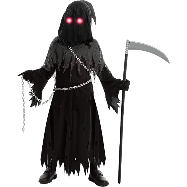 Barn Unisex Glowing Eyes Grim Reaper kostym, fantomdräkt för läskig Phantom Halloween kostym