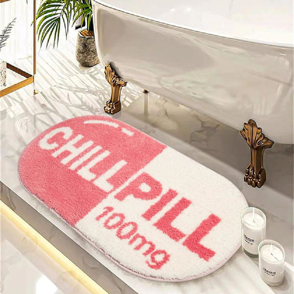Sjovt sødt chill pille bademåtte lille lyserød badeværelse tæpper preppy badeværelse indretning æstetisk bademåtte skridsikker vaskbar vandabsorberende