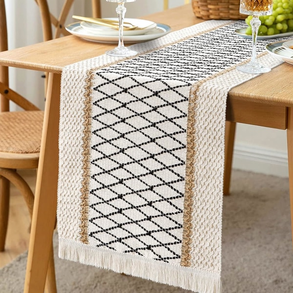 Rustik makramé bordløber med pomponer, håndvævet, bomuld og burlap, til køkkenbord, spisestue