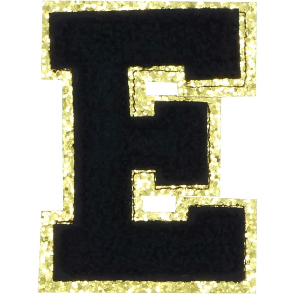 Engelsk bokstav E Stryk på reparasjonslapper Alfabetsøm Applikasjoner Klesmerker, med gullglitterkant, selvklebende klistremerke bak（Sort E）Black