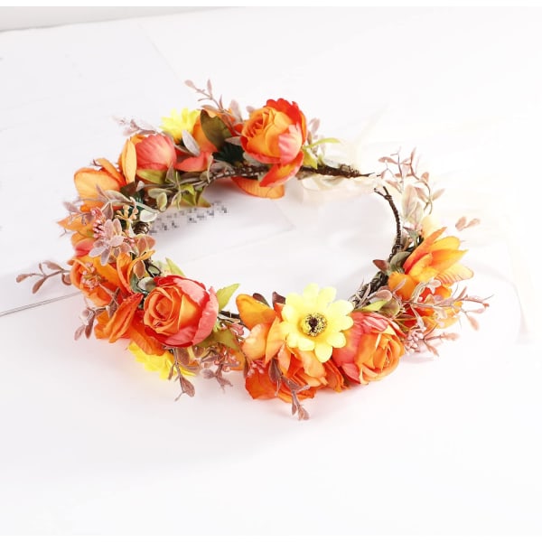 Kvinners blomsterkrone jente blomsterhodebånd hårkrans blomsterhodeplagg glorie boho med bånd bryllupsfest oransje