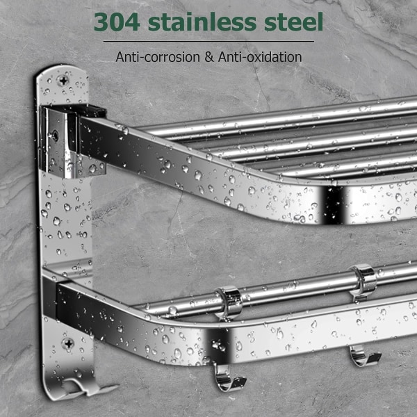60cm Foldbar Dobbelt Lag Håndklædeholder Rustfrit Stål Væghængt Håndklædeholder Multifunktion Håndklædehylde med 5 Kroge  60 x 24 x 18 cm