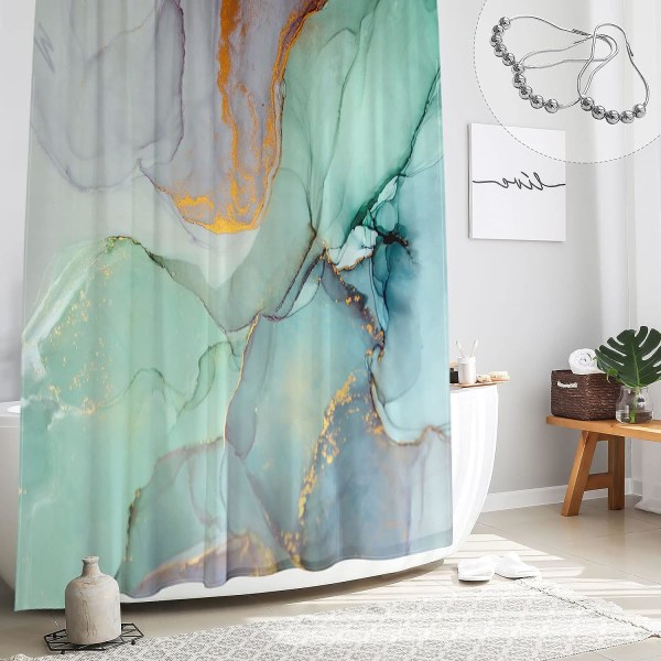 Abstract Marble Shower Curtain, Blue Green Purple Jade Texture Gold Stripes Ombre Watercolor Paint, Modern Ink Art , 71 x 71