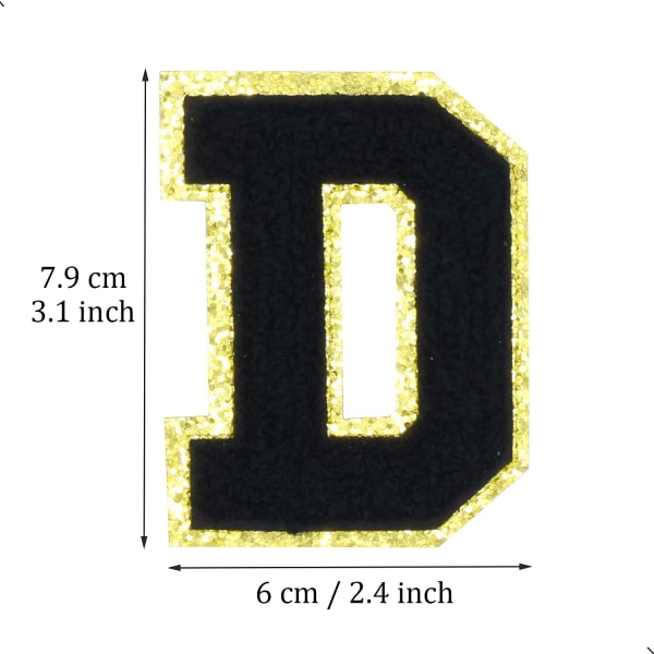 English Letter D Iron On Repair Patches Alphabet Sewing Appliques Clothing Badges, with Gold Glitters Border, Adhesive Back Sticker（Black D）DBlack