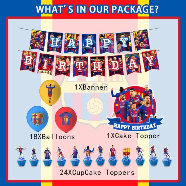 Barcelona Födelsedagsfest Dekorationer Messi fotboll Födelsedagsfest Tillbehör Fotbollsfest Favors I rummet inkluderar banner Ballonger Cupcakes Tårta Topper