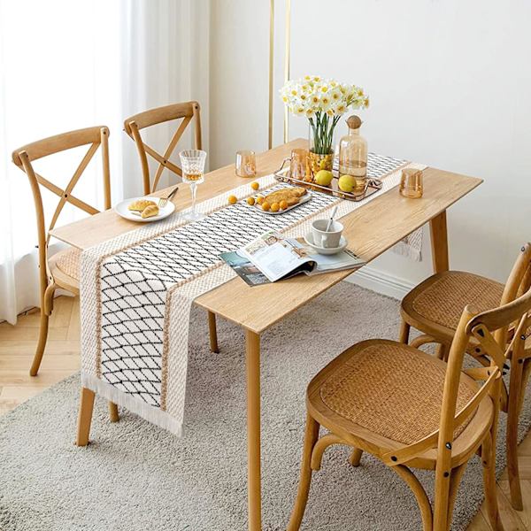 Rustik makramé bordløber med pomponer, håndvævet, bomuld og burlap, til køkkenbord, spisestue