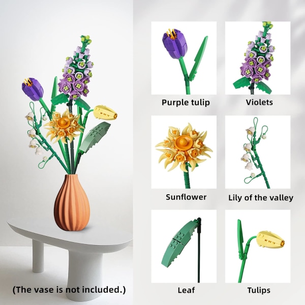 Mini murstein blomsterbukett byggesett, kunstige blomster, DIY unik dekorasjon hjem, 534 deler botanisk samling