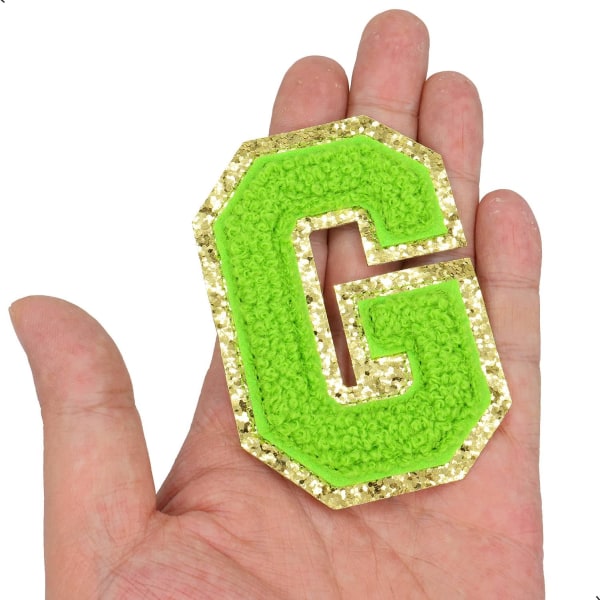 Engelska bokstaven G Stryk på reparationslappar Alfabetsömnad Applikationer Klädmärken, med guldglitterkant, självhäftande bakdekal（Grön G）GGgrön
