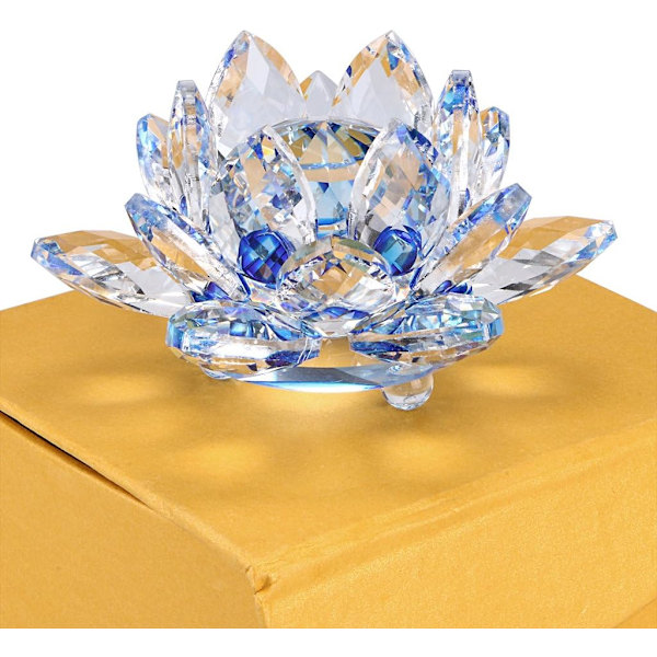 Glittrande Kristall Lotusblomma Hue Reflektion Feng Shui Heminredning med Presentförpackning (4 Tum/ 100MM Blå)