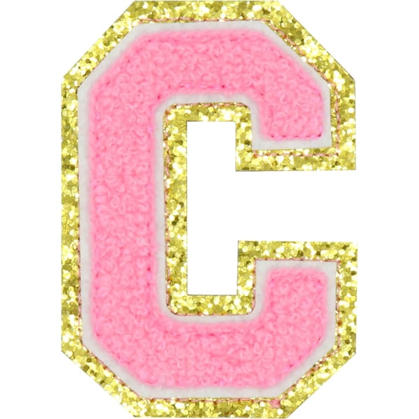 Bokstavslappar Glitter, engelska bokstav C Stryk på reparationslappar Alfabetsömnad Applikationer Klädmärken, med guld（Rosa C）CPink