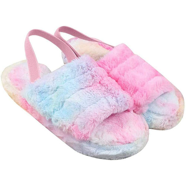 Damslipper i plysch med fluffig sula, öppna tår, päls, bekväma platta skor med elastiskt band