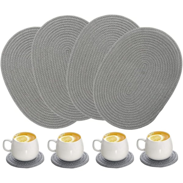4 pakke ovale vevde bordbrikker 12 x 16 tommer vevd bomullsdekke med 4 pakke runde stoffunderlegg (grå)