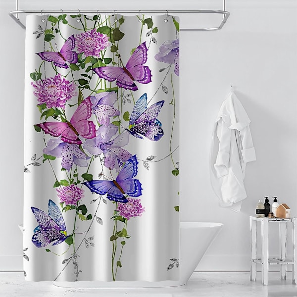 Lila gardin med fjärilar för badrum, sommar vår duschdraperi fjärilar rustik blommig duschdraperi med 7 krokar 36X72 tum
