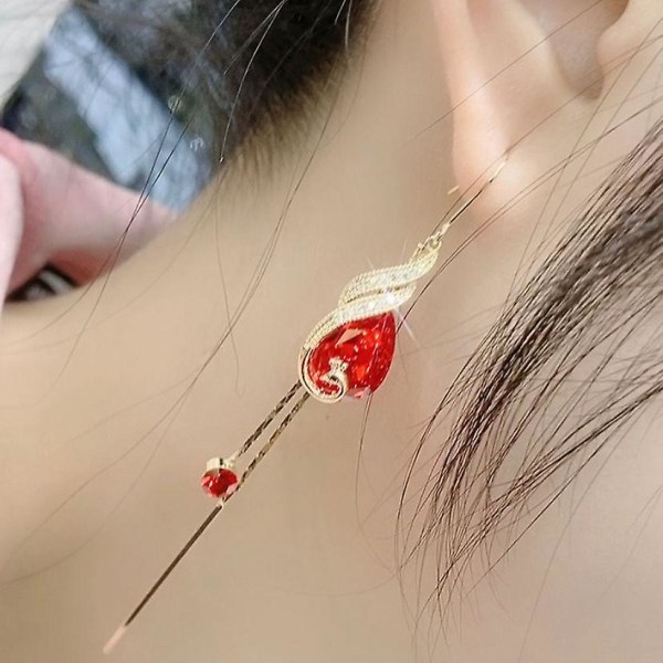 Betterlifefg-retro örhängen, temperament röd kristall långa brudörhängen Phoenix tofs örhängen kvinnor