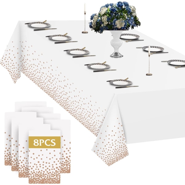 8-pack plastdukdeksel for fester Engangsduk, hvit og gull for 8-fots rektangelbord, bursdagsbryllupsavslutning