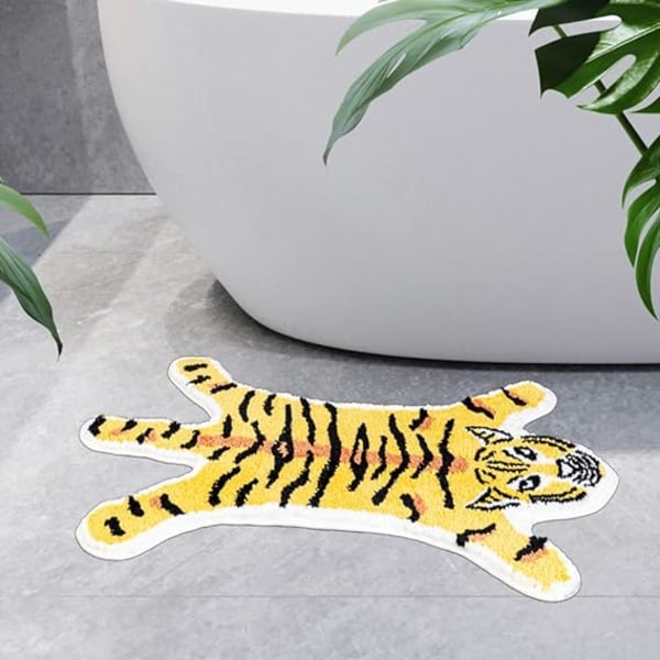 Tigerformet badematte for baderom søte dyr gul tiger tegneserie baderomsteppe sklisikker absorberende badekar teppe for baderom