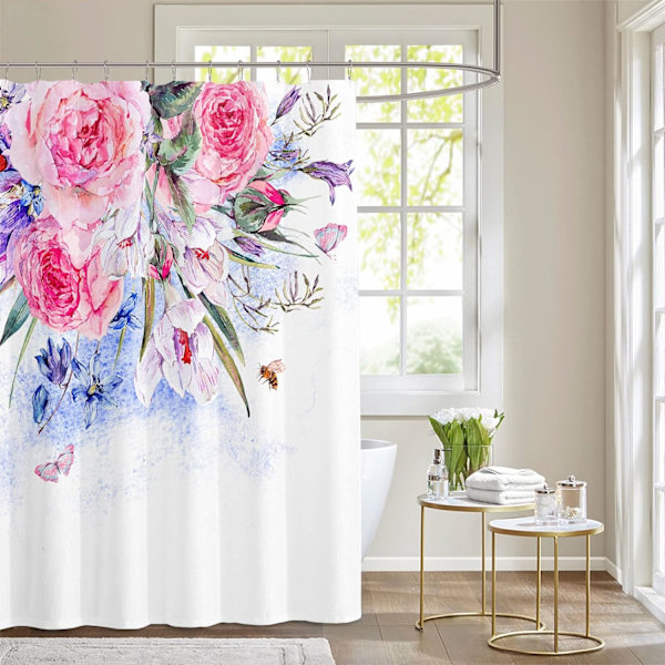Pink Leaf Bruseforhængssæt, Æstetiske Blade Badeværelse Dekorative 72 X 72 Tommer Polyester Vandtæt Stof Badeforhæng med Kroge