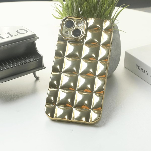 for iPhone 14 Pro Max Etui Søt Gylden 3D Rutete Bling Estetisk Myk TPU Støtsikker Telefondeksel for Kvinner Tenåringsjenter Barn Jenter - 6,7 Tommer