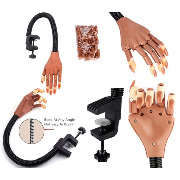 Träningshand för akrylnaglar, professionell nagelövningshand för träning, justerbar falsk falsk skyltdocka-hand med 100 st