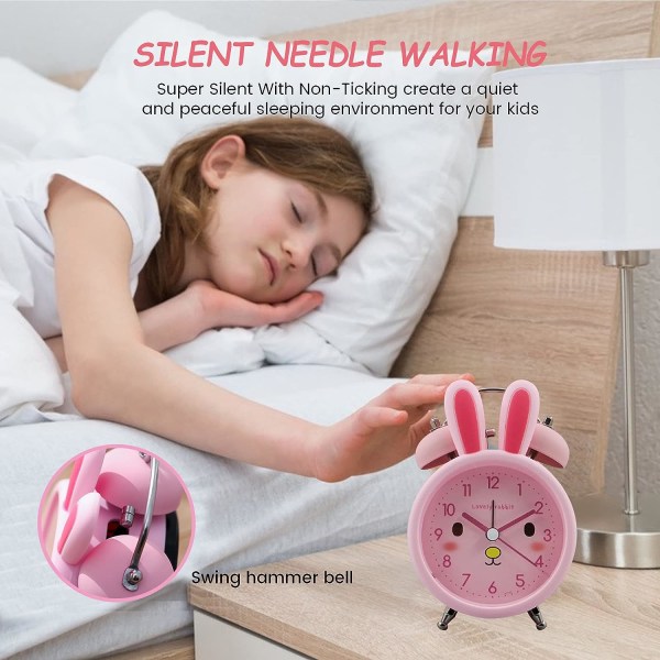 Kanin väckarklocka för barn, tecknad söt kanin väckarklocka för tunga sovandes med bakgrundsbelysning, högljudd Twin Bell väckarklocka för sovrumsdekoration (rosa)