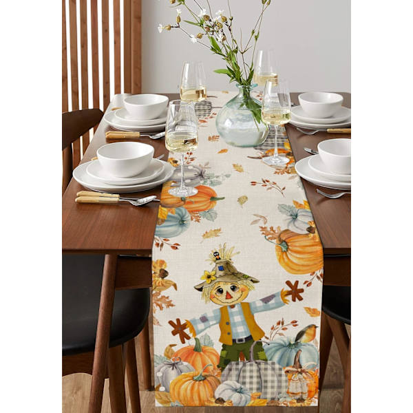 Thanksgiving Scarecrow Bordslöpare Gårdspumpa Skörd Linne Bomull Bordslöpare Kommod Skarvar, Höst Höst 13x90in