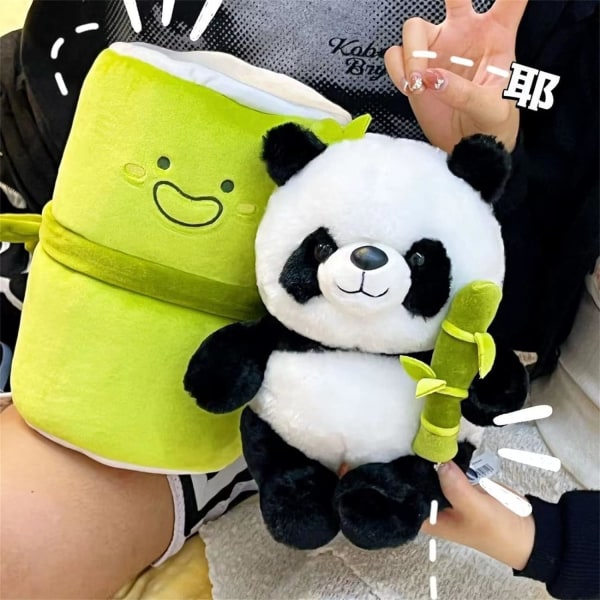 9,8 tum (24,9 cm) Panda gosedjur, söt panda plysch kramar bambu, panda och bambu tub set om 2, skrymmande Panda plyschleksak som bor i bambu