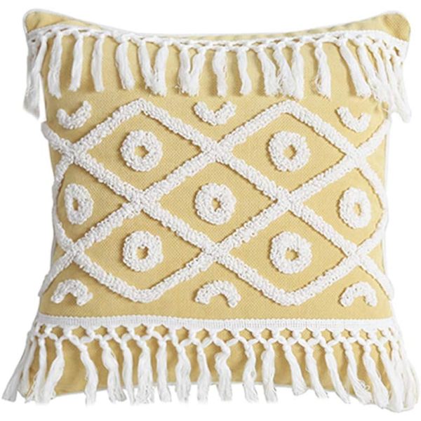Boho Tufted Fringe Pudebetræk Dekorative Geometriske Mønster Kvadratiske Pudebetræk (Geometrisk C, 18\"x18\")