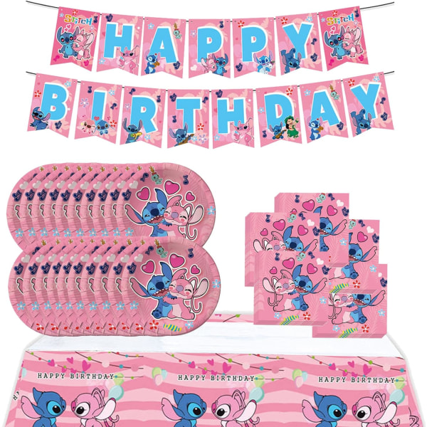 Pink Stitch Party Fødselsdagsartikler, Cartoon Stitch Tema Festartikler med Happy Birthday Banner, Dug, 20 Engangs 7\" Papirtallerkener