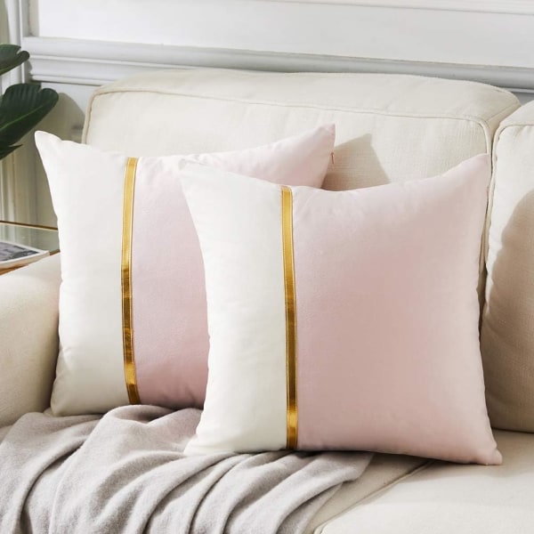 2-pack dekorativa kuddfodral 18x18 tum för vardagsrumssoffa sovrum, rodnad rosa och vit sammetslapptäcke med guldläder 45x45 cm