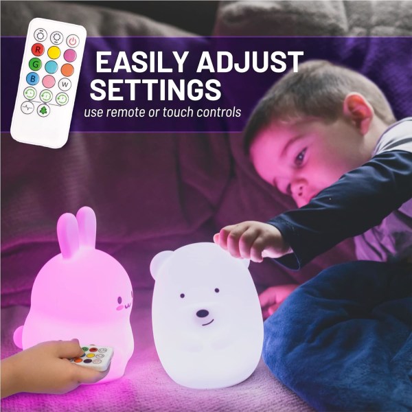 Silikon nattlampa för barn, björn - 9 mjuka färger, fjärrstyrd sömntimer - Uppladdningsbar, batteridriven nattlampa för barn, toddler